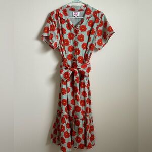 Victoria Dunn belt tie dress in blue with orange flowers. Size Large